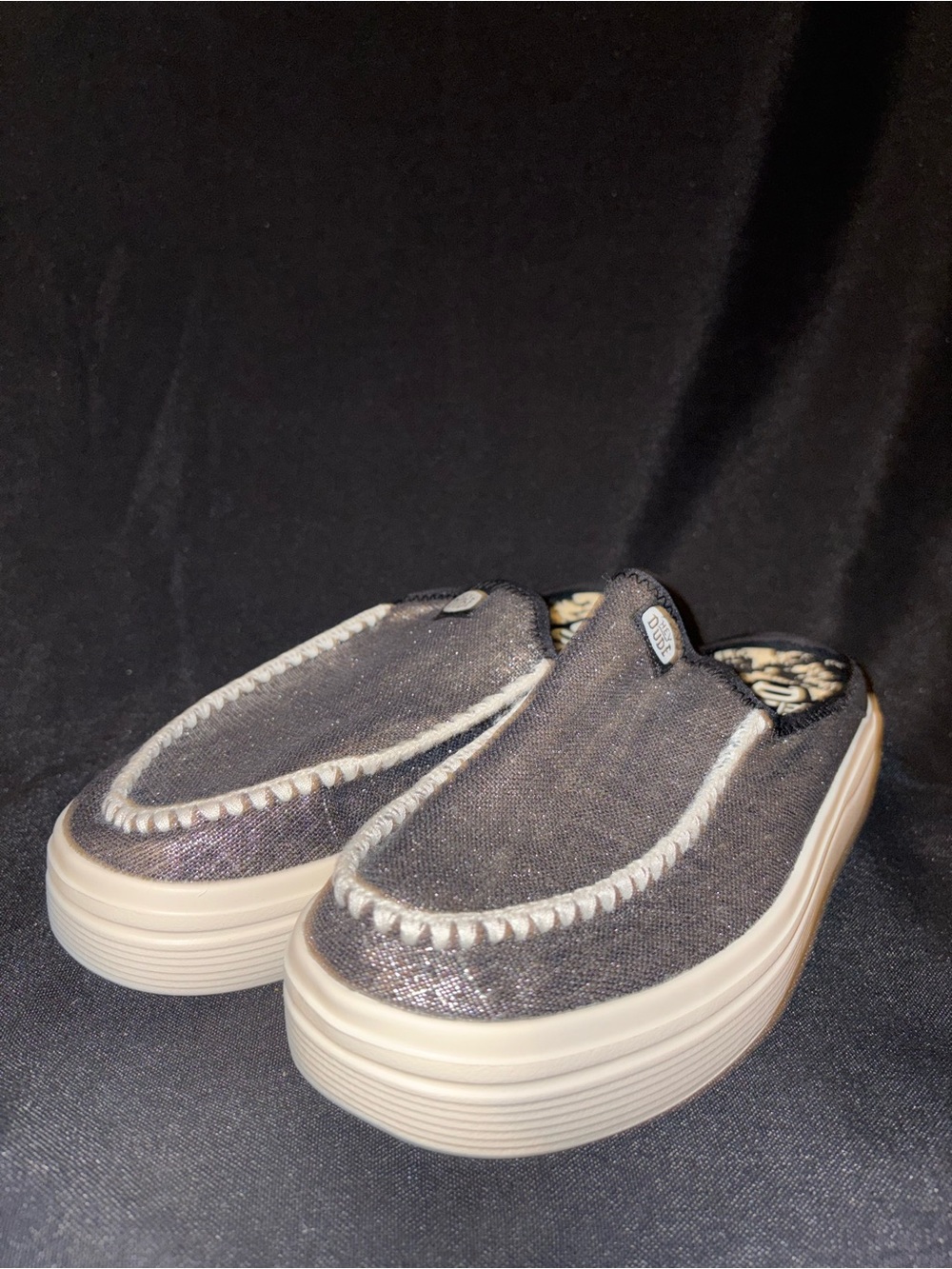 Hey Dude Metallic Gray Slip-On Platform Mules with Cream Sole